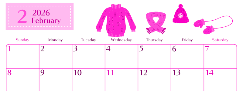 2026年2月横型日曜始まり イラストのおしゃれA4無料ピンクのカレンダー(2026-00840200)