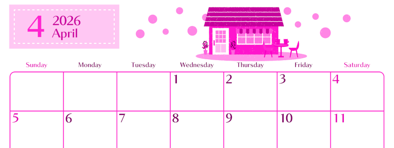 2026年4月横型日曜始まり 新生活イラストのおしゃれA4無料ピンクのカレンダー(2026-00840400)