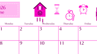 2026年6月横型日曜始まり 時計イラストのおしゃれA4無料ピンクのカレンダー(2026-00840600)