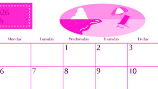 2026年7月横型日曜始まり バカンスイラストのおしゃれA4無料ピンクのカレンダー(2026-00840700)