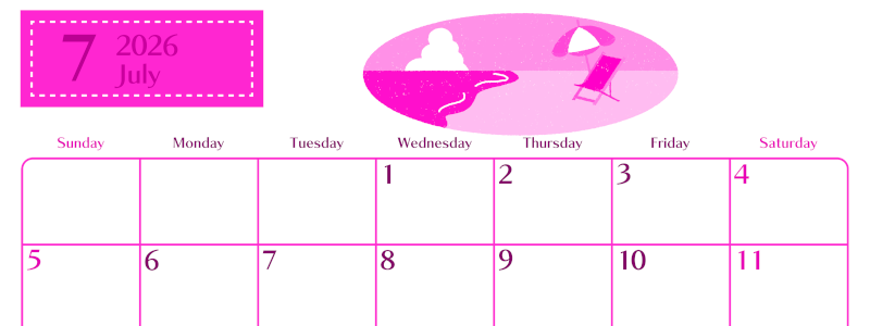 2026年7月横型日曜始まり バカンスイラストのおしゃれA4無料ピンクのカレンダー(2026-00840700)