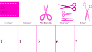 2026年8月横型日曜始まり ハサミイラストのおしゃれA4無料ピンクのカレンダー(2026-00840800)