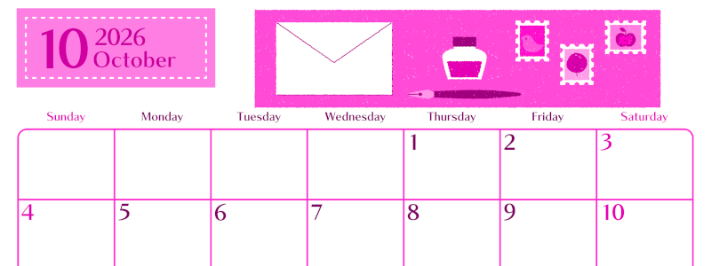 2026年10月横型日曜始まり 手紙イラストのおしゃれA4無料ピンクのカレンダー(2026-00841000)