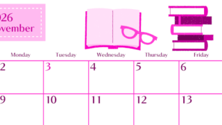 2026年11月横型日曜始まり 読書イラストのおしゃれA4無料ピンクのカレンダー(2026-00841100)