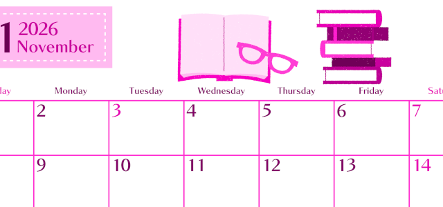 2026年11月横型日曜始まり 読書イラストのおしゃれA4無料ピンクのカレンダー(2026-00841100)