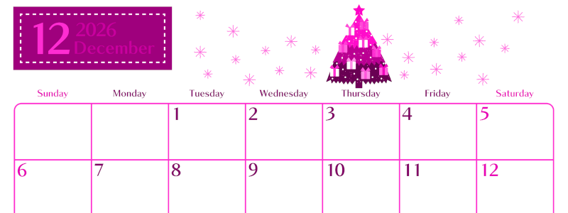 2026年12月横型日曜始まり クリスマスツリーイラストのおしゃれA4無料ピンクのカレンダー(2026-00841200)