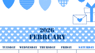 2026年2月縦型月曜始まり ラブレターイラストのかわいいA4無料ブルーのカレンダー(2026-00850211)