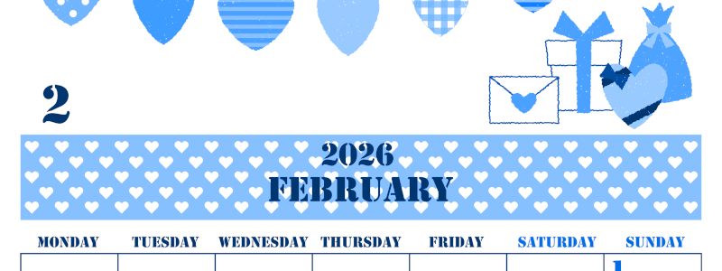 2026年2月縦型月曜始まり ラブレターイラストのかわいいA4無料ブルーのカレンダー(2026-00850211)