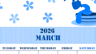 2026年3月縦型月曜始まり パンケーキイラストのかわいいA4無料ブルーのカレンダー(2026-00850311)