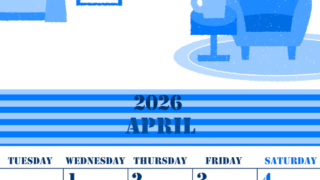 2026年4月縦型月曜始まり 新生活イラストのかわいいA4無料ブルーのカレンダー(2026-00850411)