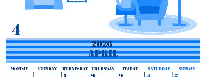 2026年4月縦型月曜始まり 新生活イラストのかわいいA4無料ブルーのカレンダー(2026-00850411)