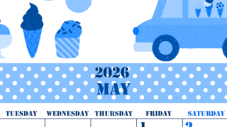 2026年5月縦型月曜始まり アイスクリームのイラストがかわいいA4無料ブルーのカレンダー(2026-00850511)