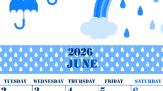 2026年6月縦型月曜始まり 虹イラストのかわいいA4無料ブルーのカレンダー(2026-00850611)