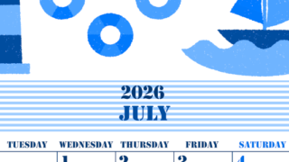 2026年7月縦型月曜始まり マリンなイラストのかわいいA4無料ブルーのカレンダー(2026-00850711)
