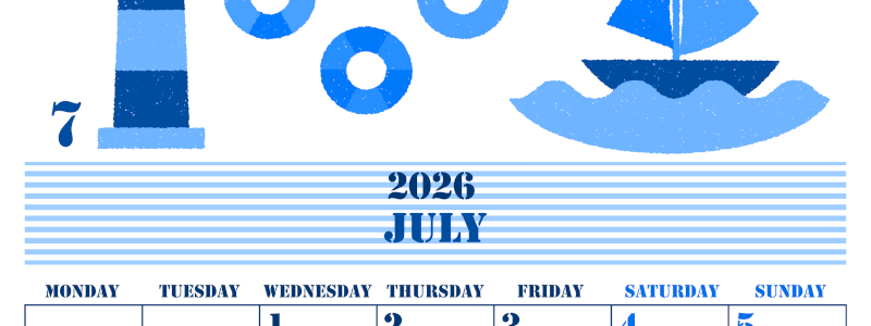 2026年7月縦型月曜始まり マリンなイラストのかわいいA4無料ブルーのカレンダー(2026-00850711)