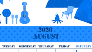 2026年8月縦型月曜始まり 夏休みイラストのかわいいA4無料ブルーのカレンダー(2026-00850811)