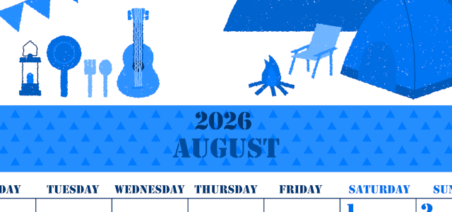2026年8月縦型月曜始まり 夏休みイラストのかわいいA4無料ブルーのカレンダー(2026-00850811)