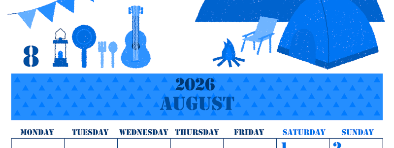 2026年8月縦型月曜始まり 夏休みイラストのかわいいA4無料ブルーのカレンダー(2026-00850811)