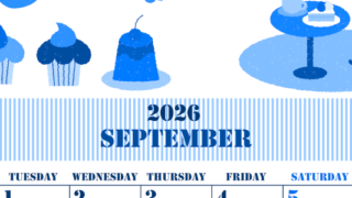 2026年9月縦型月曜始まり 食欲の秋イラストのかわいいA4無料ブルーのカレンダー(2026-00850911)