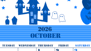 2026年10月縦型月曜始まり ハロウィンイラストがかわいいA4無料ブルーのカレンダー(2026-00851011)