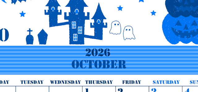 2026年10月縦型月曜始まり ハロウィンイラストがかわいいA4無料ブルーのカレンダー(2026-00851011)