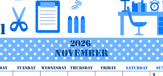 2026年11月縦型月曜始まり 文房具イラストのかわいいA4無料ブルーのカレンダー(2026-00851111)