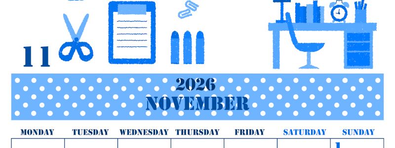 2026年11月縦型月曜始まり 文房具イラストのかわいいA4無料ブルーのカレンダー(2026-00851111)