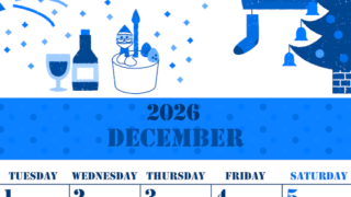 2026年12月縦型月曜始まり パーティーのイラストがかわいいA4無料ブルーのカレンダー(2026-00851211)