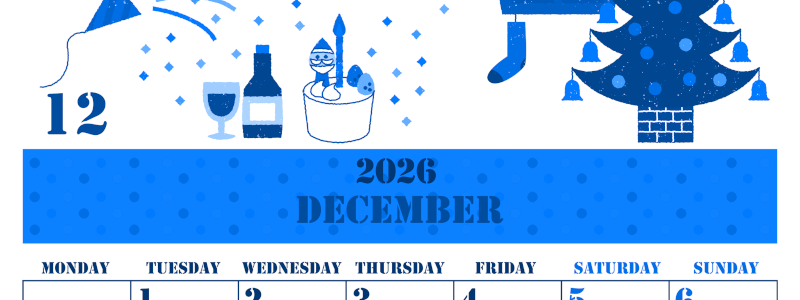 2026年12月縦型月曜始まり パーティーのイラストがかわいいA4無料ブルーのカレンダー(2026-00851211)