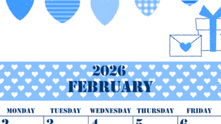 2026年2月縦型日曜始まり ラブレターイラストのかわいいA4無料ブルーのカレンダー(2026-00850210)