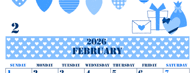 2026年2月縦型日曜始まり ラブレターイラストのかわいいA4無料ブルーのカレンダー(2026-00850210)