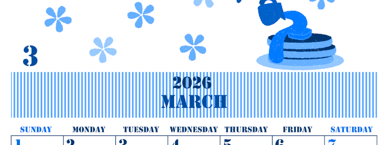2026年3月縦型日曜始まり パンケーキイラストのかわいいA4無料ブルーのカレンダー(2026-00850310)