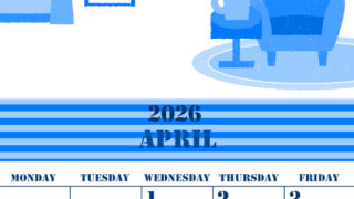 2026年4月縦型日曜始まり 新生活イラストのかわいいA4無料ブルーのカレンダー(2026-00850410)