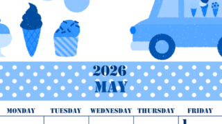 2026年5月縦型日曜始まり アイスクリームのイラストがかわいいA4無料ブルーのカレンダー(2026-00850510)