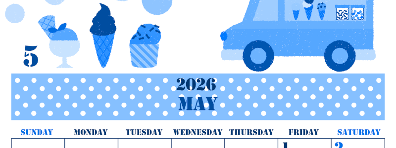 2026年5月縦型日曜始まり アイスクリームのイラストがかわいいA4無料ブルーのカレンダー(2026-00850510)