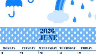 2026年6月縦型日曜始まり 虹イラストのかわいいA4無料ブルーのカレンダー(2026-00850610)