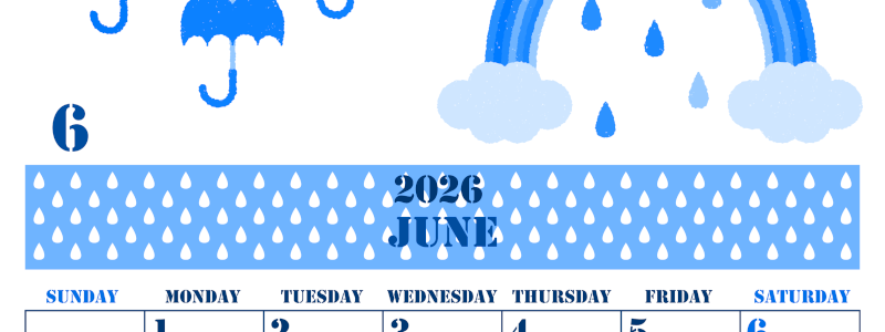 2026年6月縦型日曜始まり 虹イラストのかわいいA4無料ブルーのカレンダー(2026-00850610)