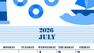2026年7月縦型日曜始まり マリンなイラストのかわいいA4無料ブルーのカレンダー(2026-00850710)