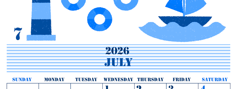 2026年7月縦型日曜始まり マリンなイラストのかわいいA4無料ブルーのカレンダー(2026-00850710)
