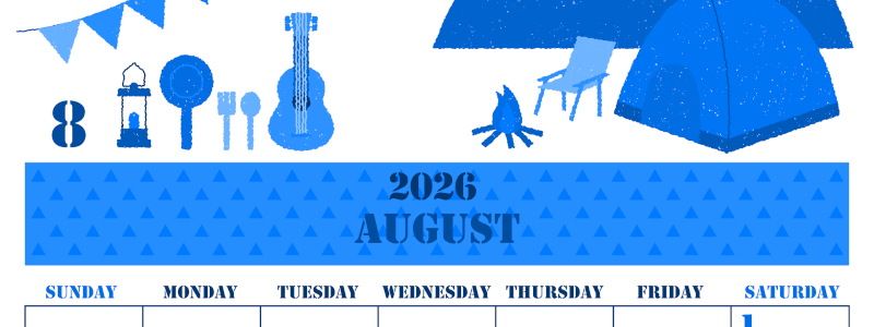 2026年8月縦型日曜始まり 夏休みイラストのかわいいA4無料ブルーのカレンダー(2026-00850810)