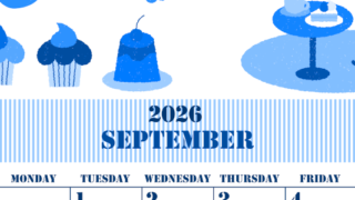 2026年9月縦型日曜始まり 食欲の秋イラストのかわいいA4無料ブルーのカレンダー(2026-00850910)