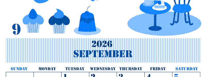 2026年9月縦型日曜始まり 食欲の秋イラストのかわいいA4無料ブルーのカレンダー(2026-00850910)
