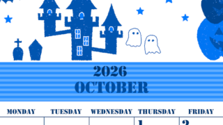 2026年10月縦型日曜始まり ハロウィンイラストがかわいいA4無料ブルーのカレンダー(2026-00851010)