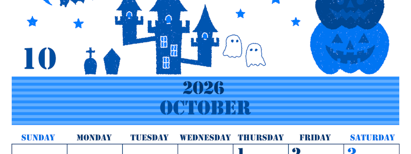 2026年10月縦型日曜始まり ハロウィンイラストがかわいいA4無料ブルーのカレンダー(2026-00851010)