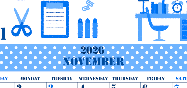 2026年11月縦型日曜始まり 文房具イラストのかわいいA4無料ブルーのカレンダー(2026-00851110)
