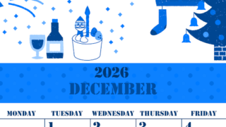 2026年12月縦型日曜始まり パーティーのイラストがかわいいA4無料ブルーのカレンダー(2026-00851210)