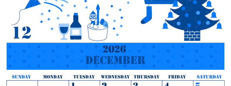 2026年12月縦型日曜始まり パーティーのイラストがかわいいA4無料ブルーのカレンダー(2026-00851210)