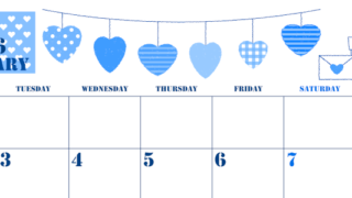 2026年2月横型月曜始まり ラブレターイラストのかわいいA4無料ブルーのカレンダー(2026-00850201)