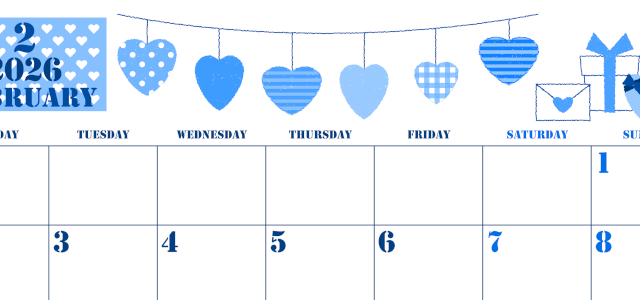 2026年2月横型月曜始まり ラブレターイラストのかわいいA4無料ブルーのカレンダー(2026-00850201)
