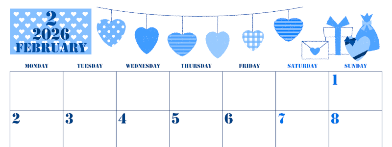 2026年2月横型月曜始まり ラブレターイラストのかわいいA4無料ブルーのカレンダー(2026-00850201)